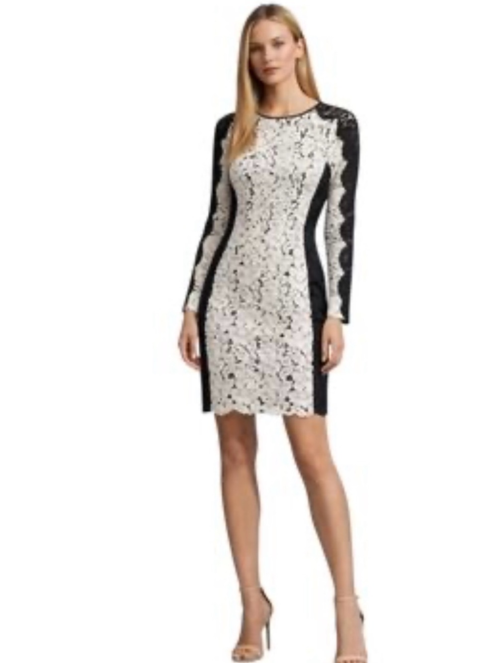 Cream and Black Lace Long-Sleeve Shift Dress